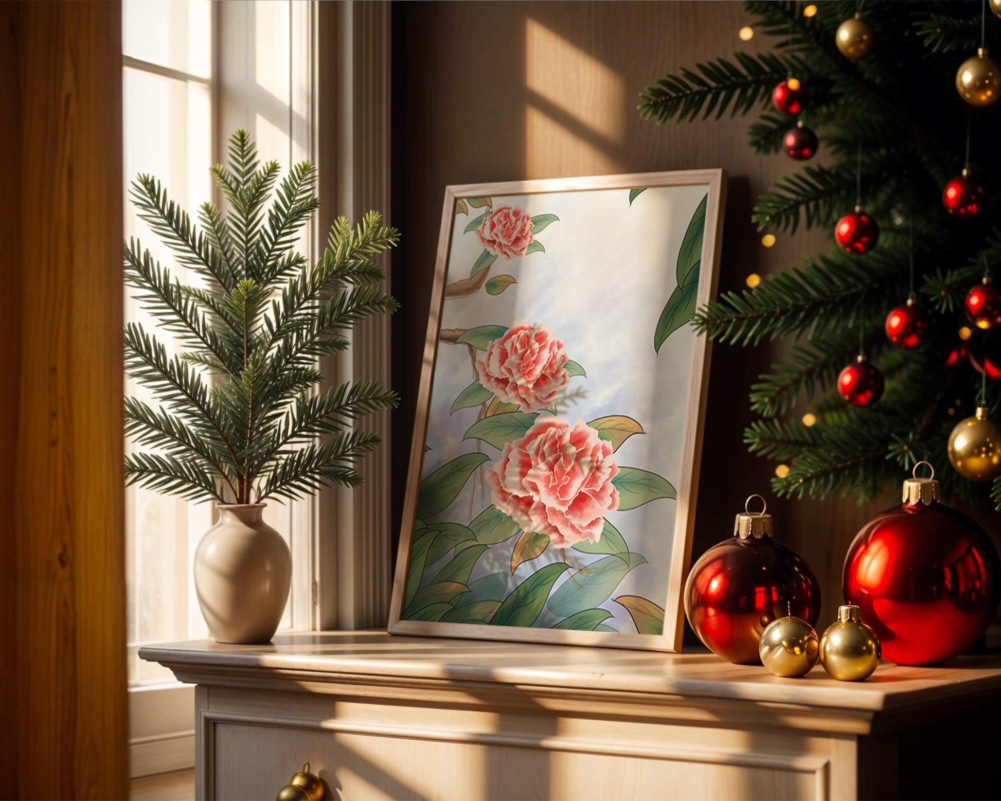 Illustrated pink carnations with green leaves in serene botanical art