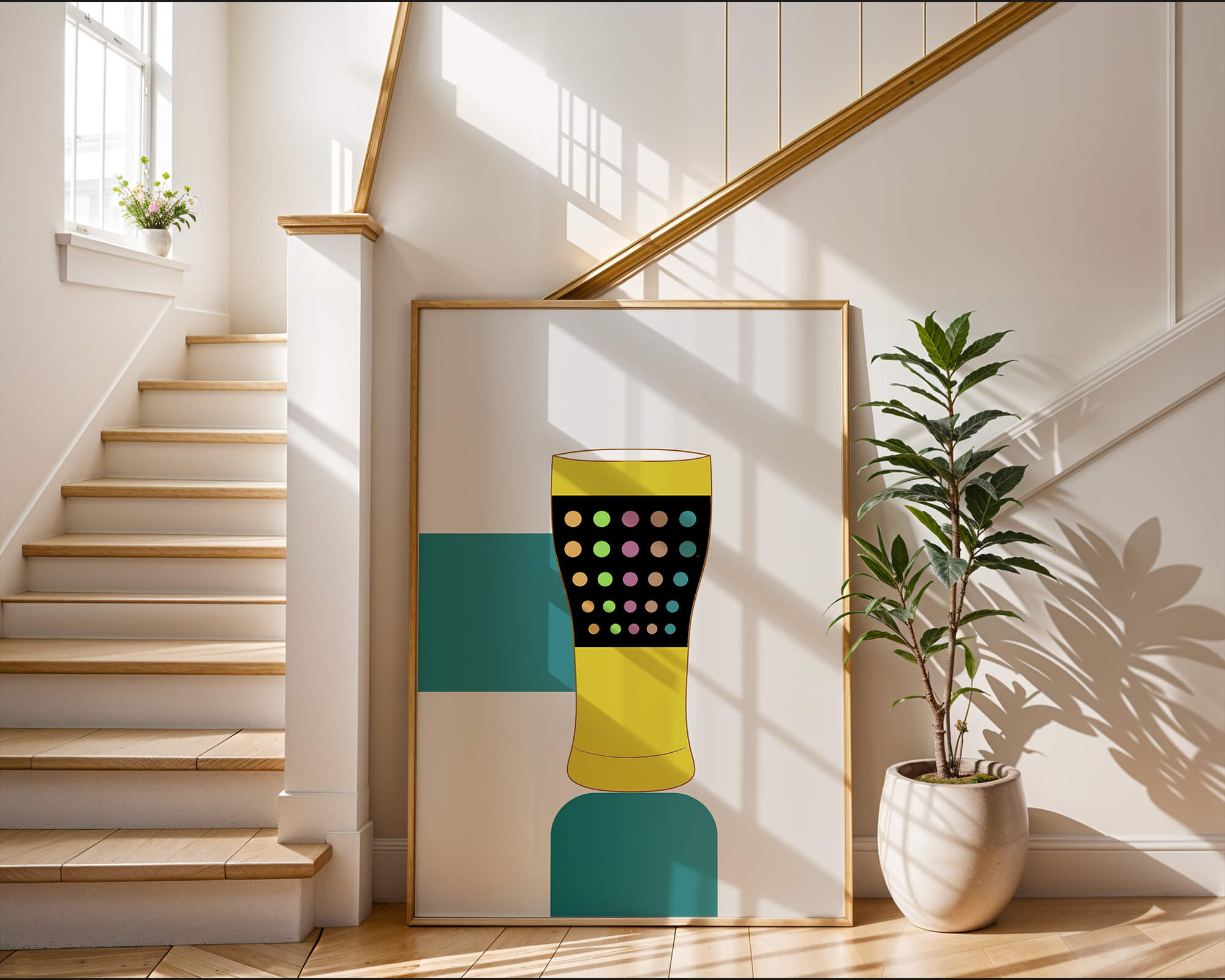 Colorful abstract illustration of a pint glass with dotted pattern