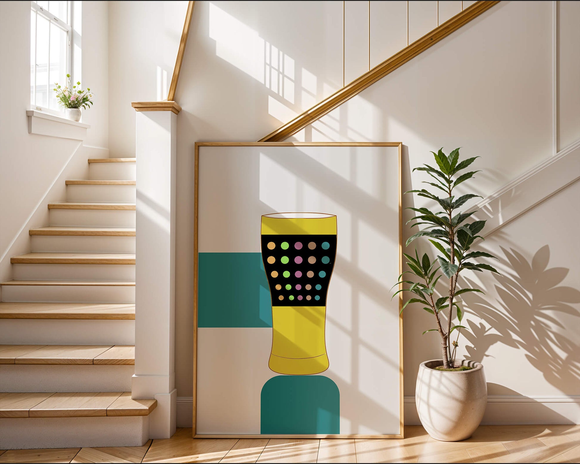 Colorful abstract illustration of a pint glass with dotted pattern