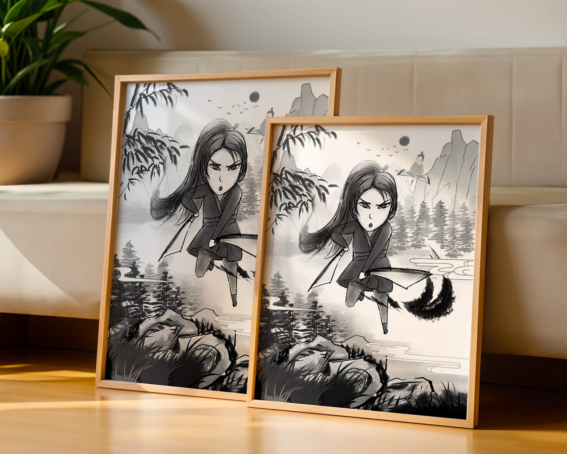 Warrior In A Mystical Landscape With Mountains And Rivers