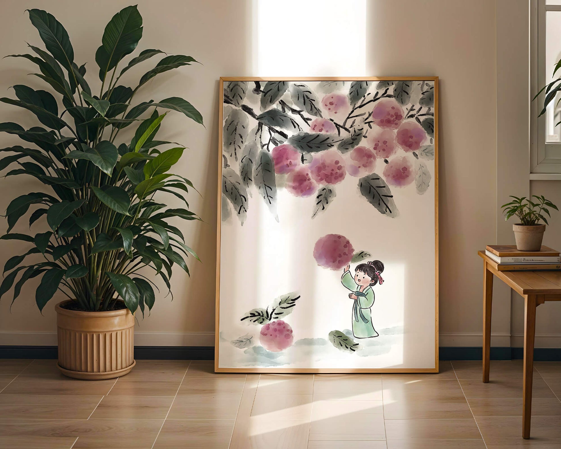 Ilustración encantadora de un niño con ropa tradicional, bayas vibrantes y hojas exuberantes