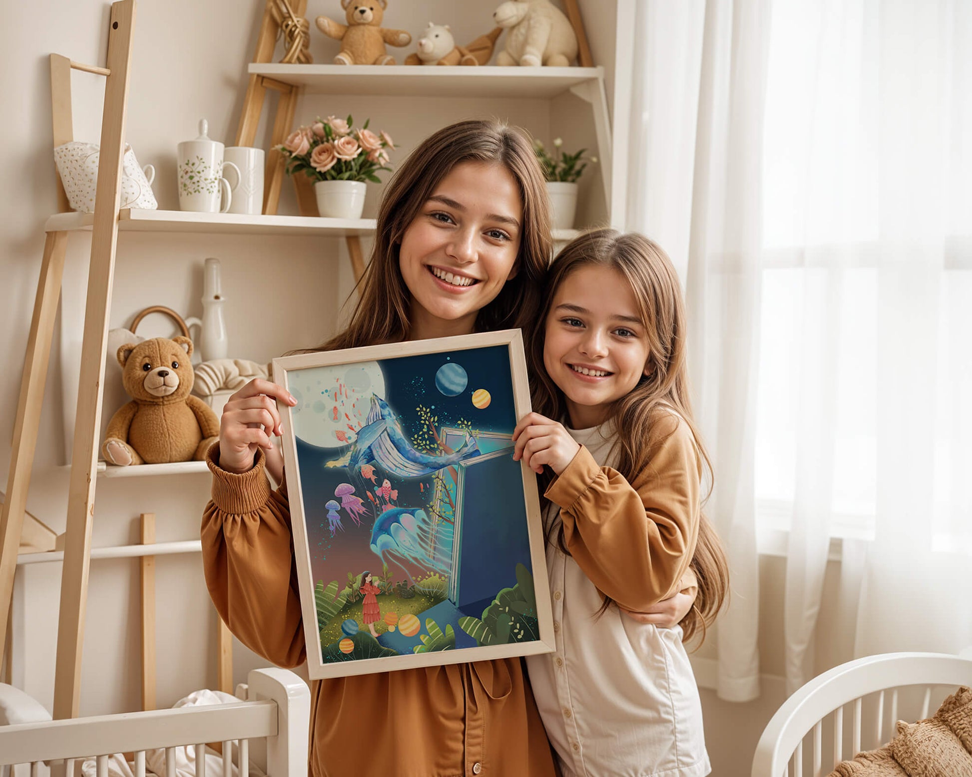 Surreal Ocean Life Emerging From a Book in a Dreamlike Forest Scene