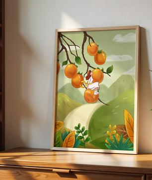 Femme assise sur un fruit orange dans un paysage surréaliste