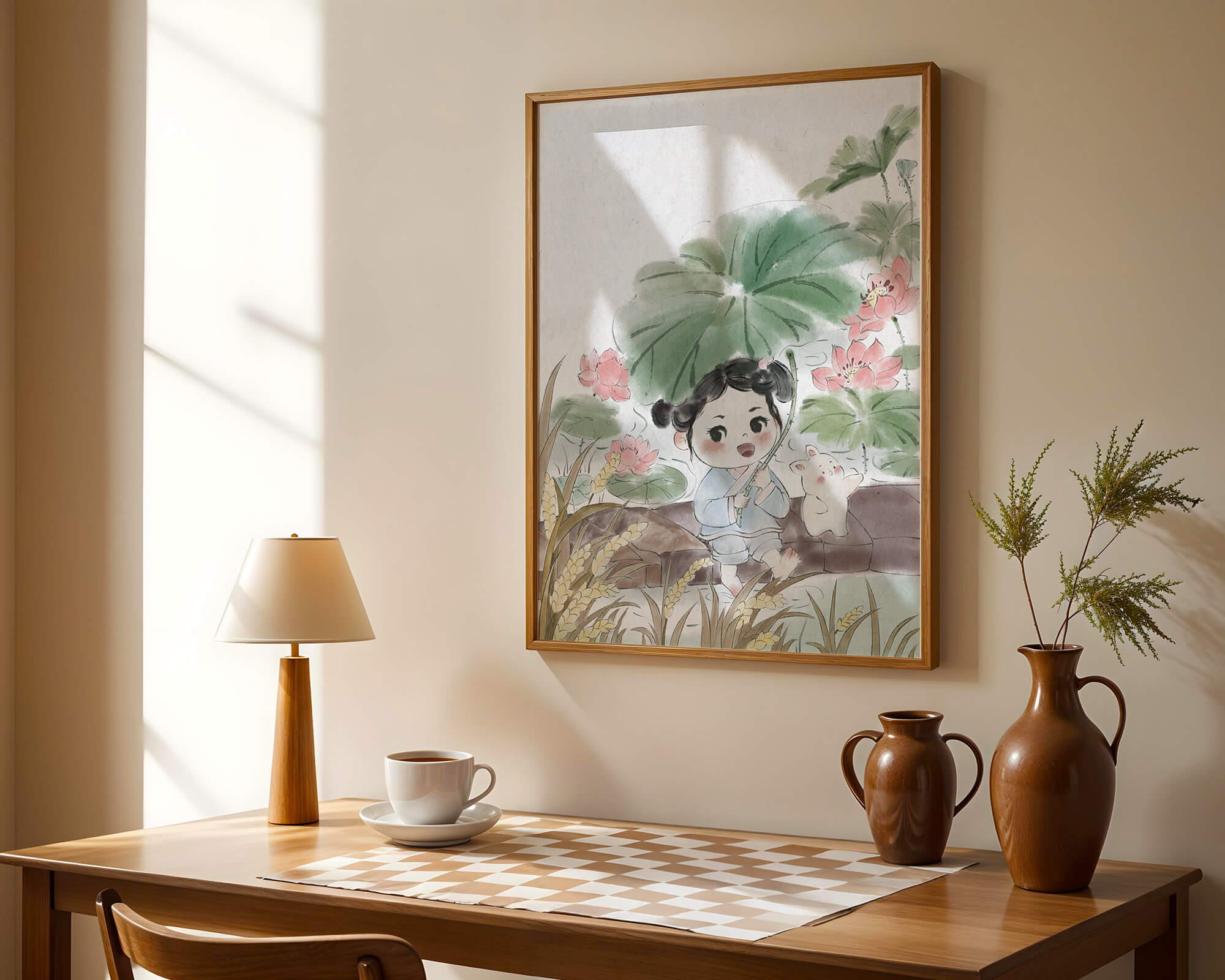 Charming illustration of a child with flowers and a bunny by the water