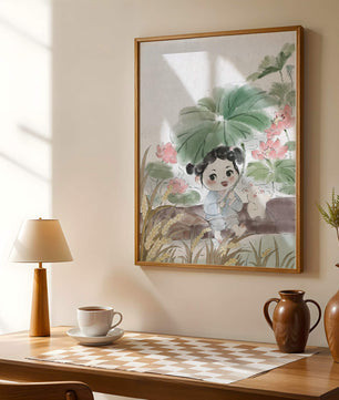 Charming illustration of a child with flowers and a bunny by the water