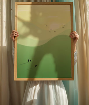 Paisaje minimalista con figuras silueteadas y aves al atardecer
