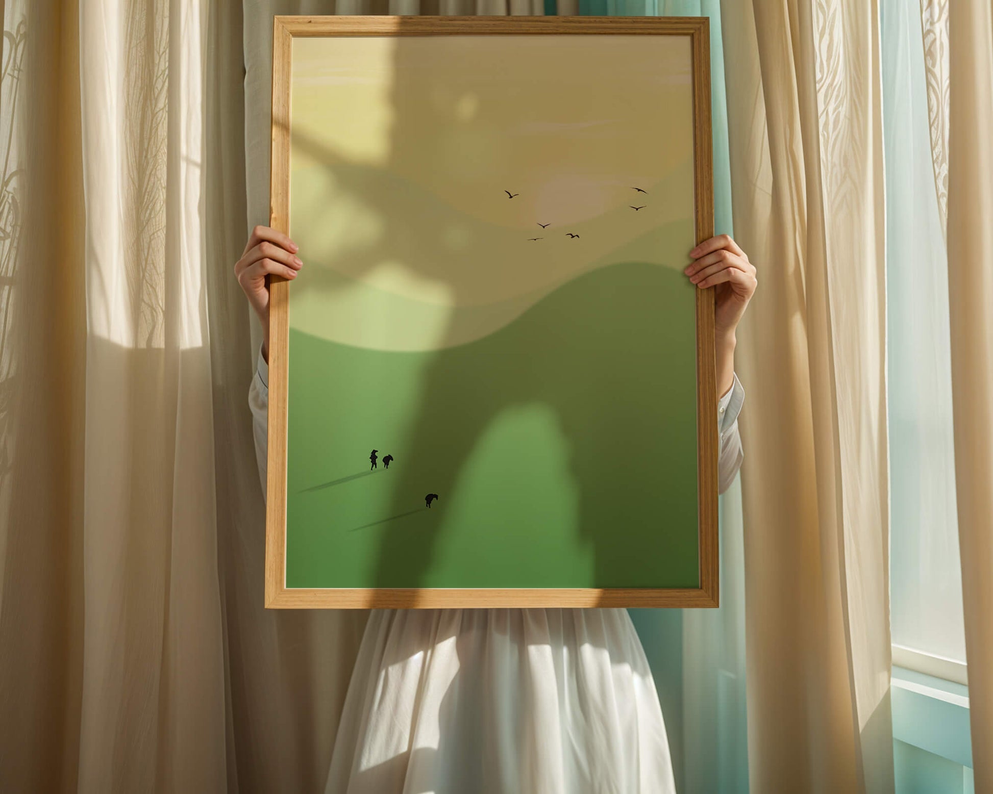Paisaje minimalista con siluetas de personas y pájaros al atardecer