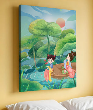Charming illustration of children on a boat in a lush lotus pond