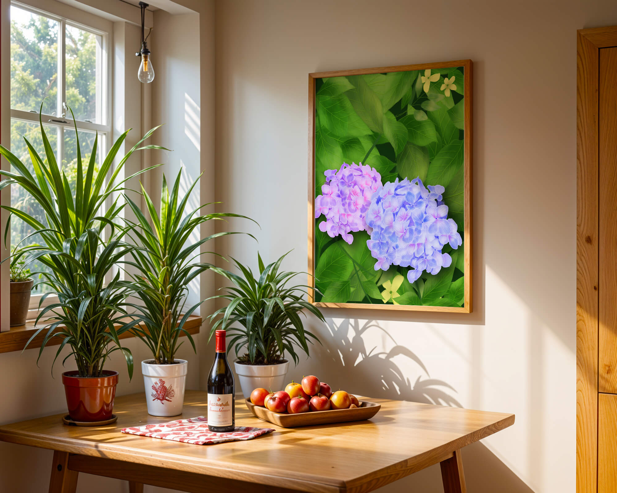 Delicate hydrangeas with lush green leaves in a vibrant botanical scene