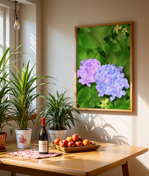 Delicate hydrangeas with lush green leaves in a vibrant botanical scene