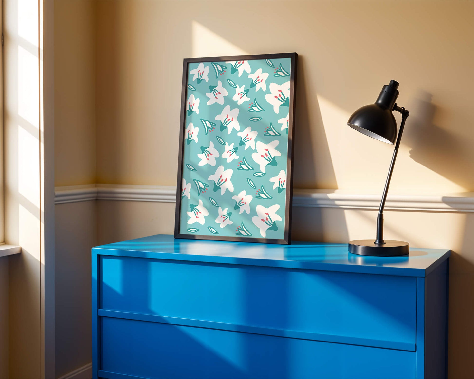 Floral pattern with white lilies on a turquoise background