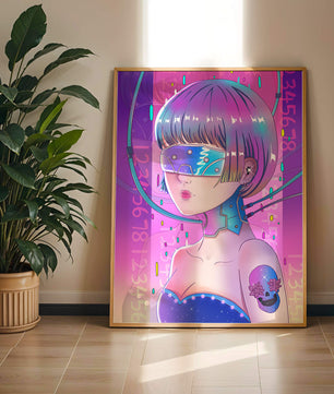 Chica cyberpunk futurista con colores neón y elementos de realidad virtual