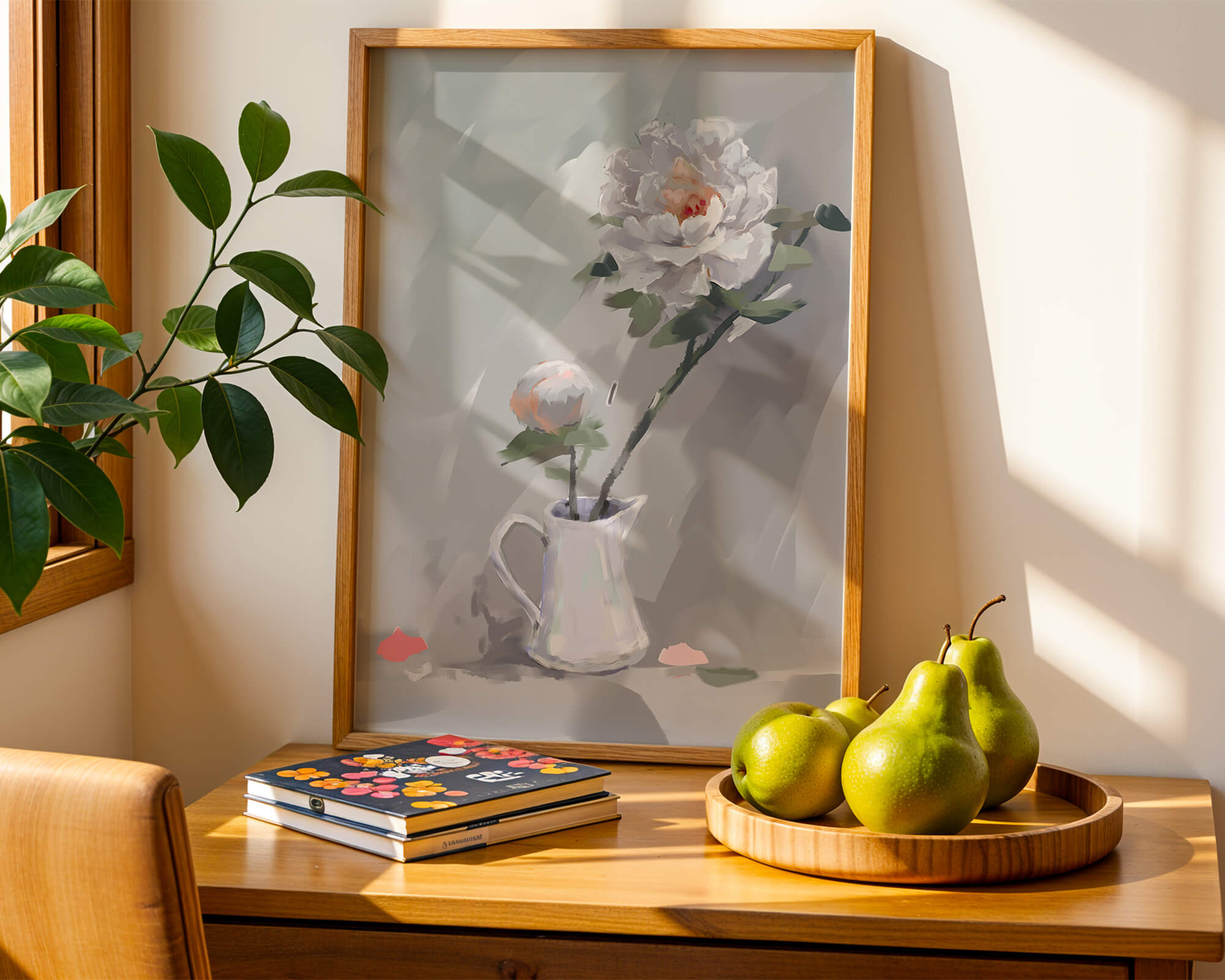 Elegant white peonies in a ceramic jug with soft pastel background