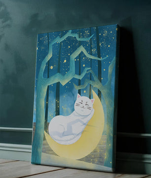 Cat sleeping on the moon in an enchanted forest under the starry sky
