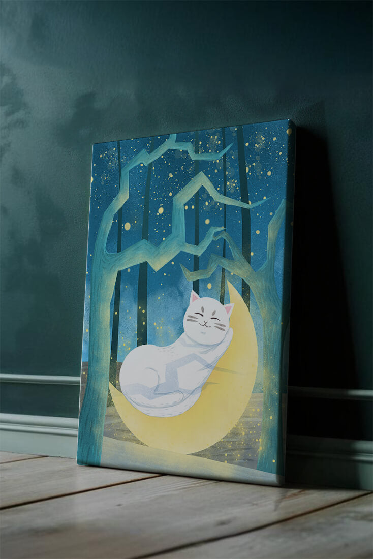 Cat sleeping on the moon in an enchanted forest under the starry sky
