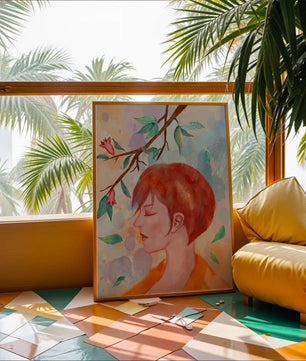 Illustrative artwork of a woman with red hair and floral branch