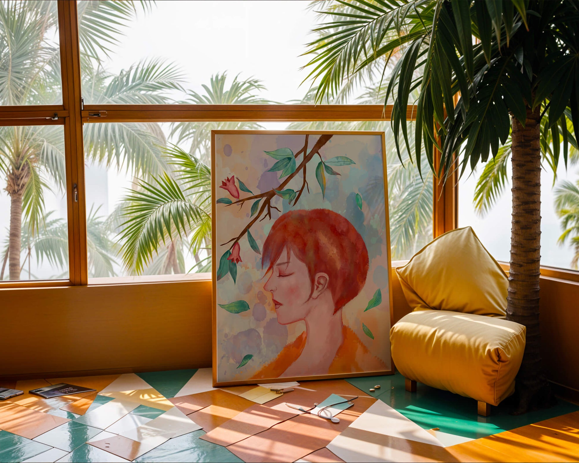 Illustrative artwork of a woman with red hair and floral branch