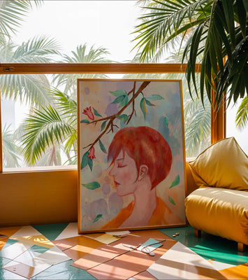 Illustrative artwork of a woman with red hair and floral branch
