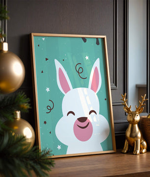 Adorable cartoon bunny on teal background with playful elements