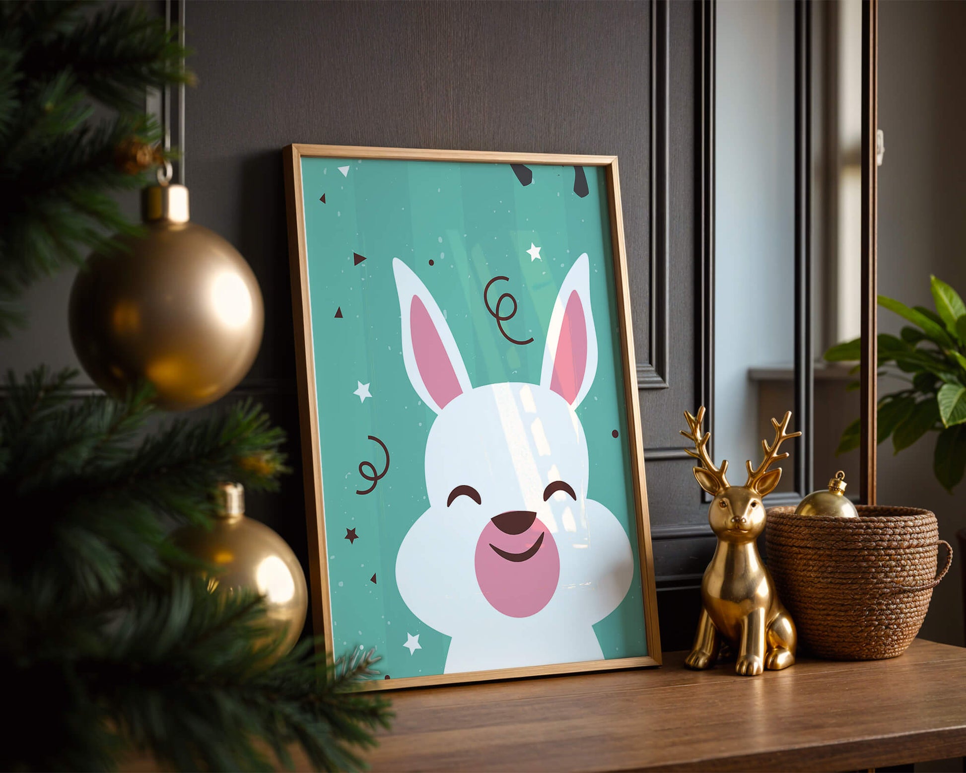 Adorable cartoon bunny on teal background with playful elements