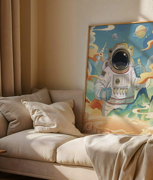 Colorful illustration of an astronaut in space with planets and rocket
