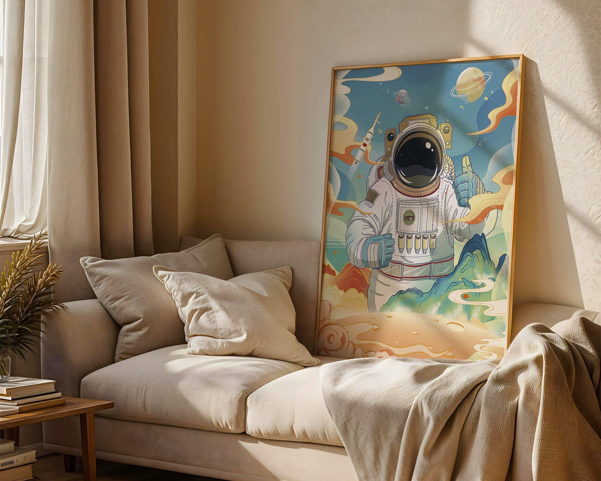 Colorful illustration of an astronaut in space with planets and rocket