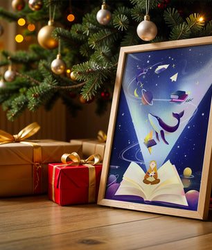 Imaginative galaxy scene with books and a child
