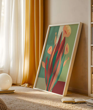 Abstract floral illustration with bold colors and geometric background