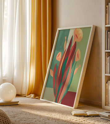 Abstract floral illustration with bold colors and geometric background
