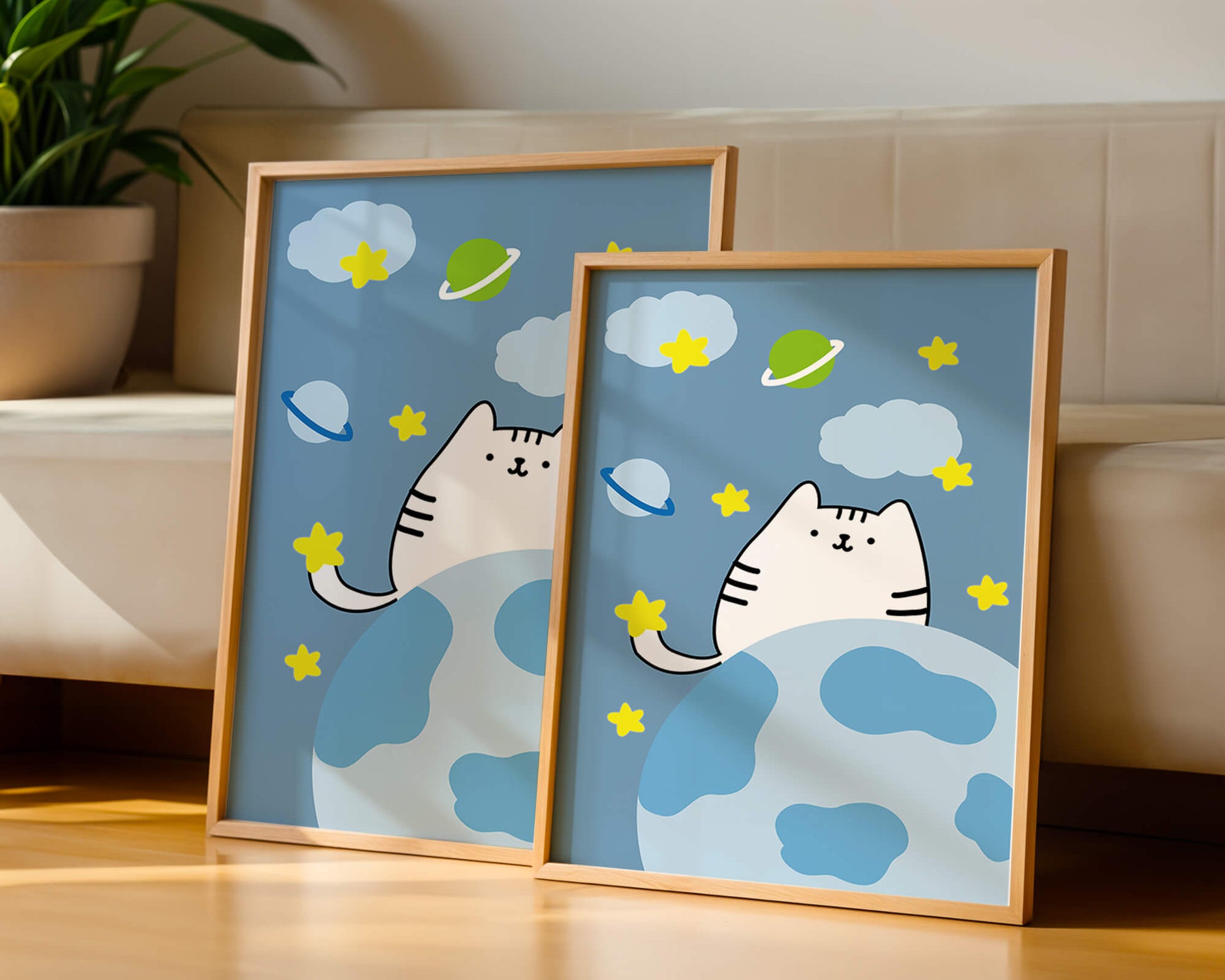 Ilustración encantadora de un gatito en una escena espacial caprichosa con nubes y estrellas