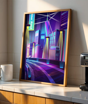 Futuristic Neon Cityscape with Illuminated Skyscrapers and Curved Road