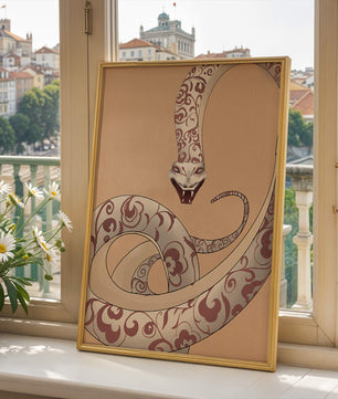 Elegant coiled snake with floral patterns in an artistic composition