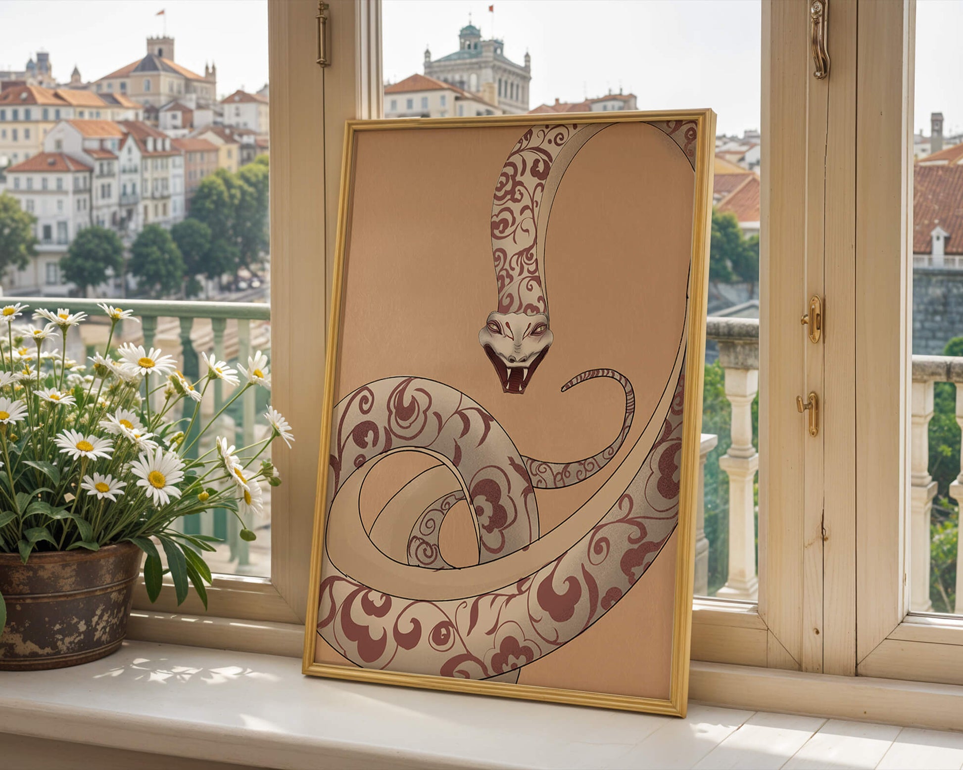 Elegant coiled snake with floral patterns in an artistic composition