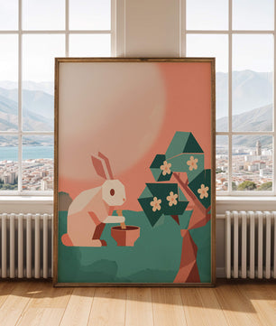 Conejo de origami abstracto con mortero y pistilo bajo un árbol en flor