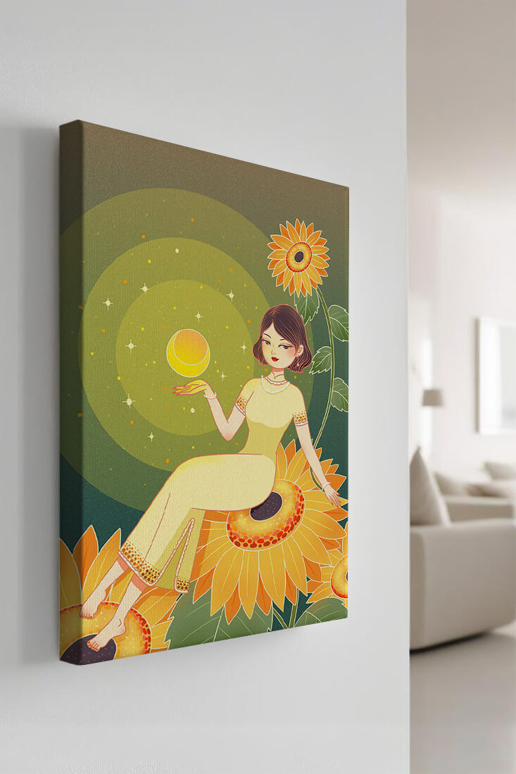 Elegant woman sitting on sunflowers in a celestial scene