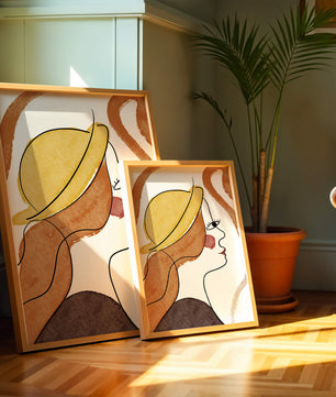 Retrato de línea moderna de una mujer con sombrero y colores vibrantes