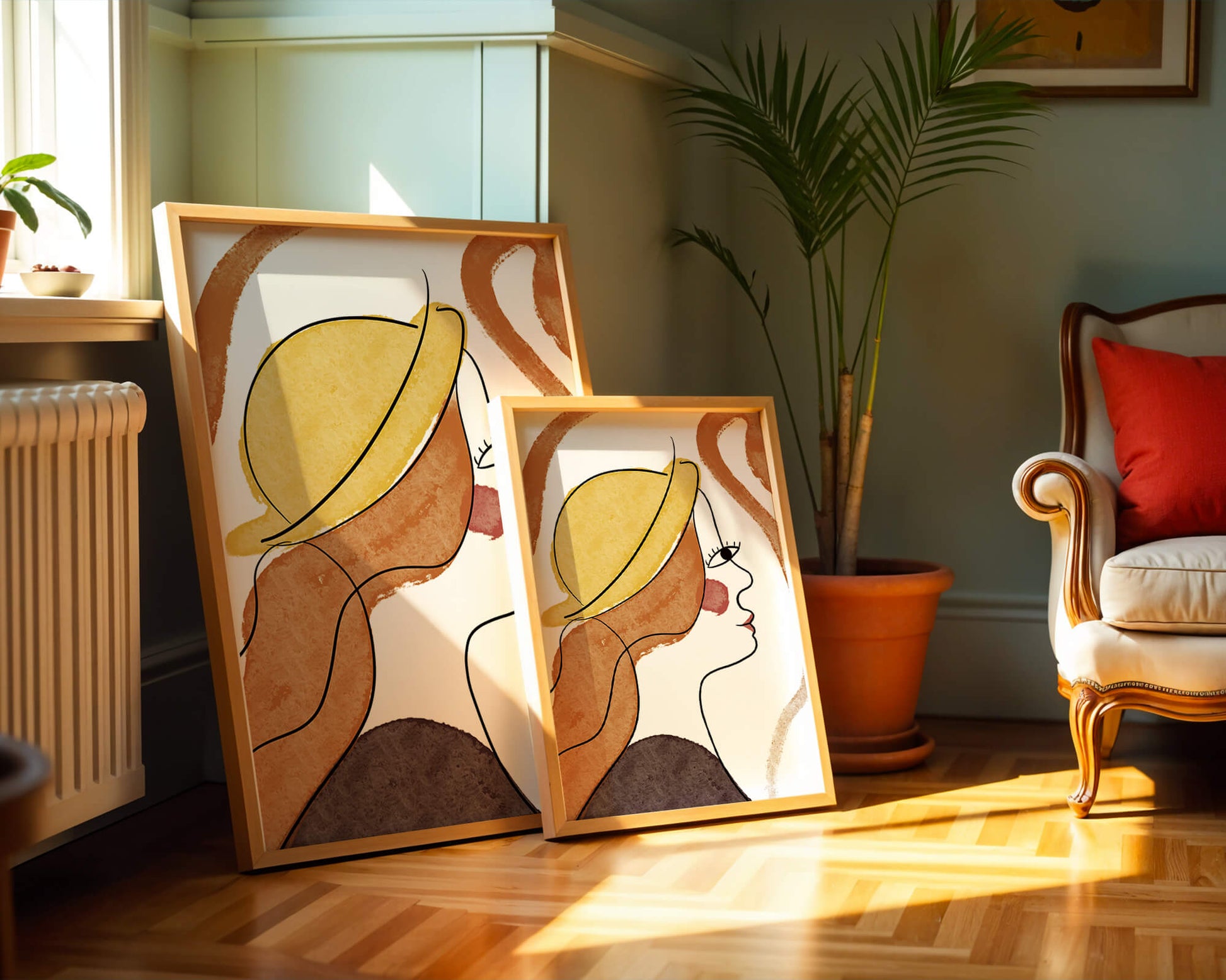 Retrato de línea moderna de una mujer con sombrero y colores vibrantes