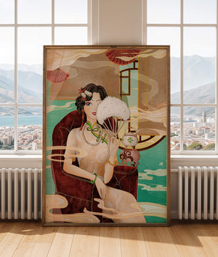 Œuvre d'art élégante d'inspiration asiatique vintage représentant une femme avec un éventail