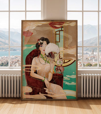 Elegant vintage Asian-inspired artwork featuring a woman with a fan