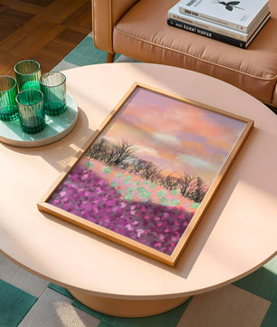 Paisaje sereno con campo floral vibrante y cielo pastel