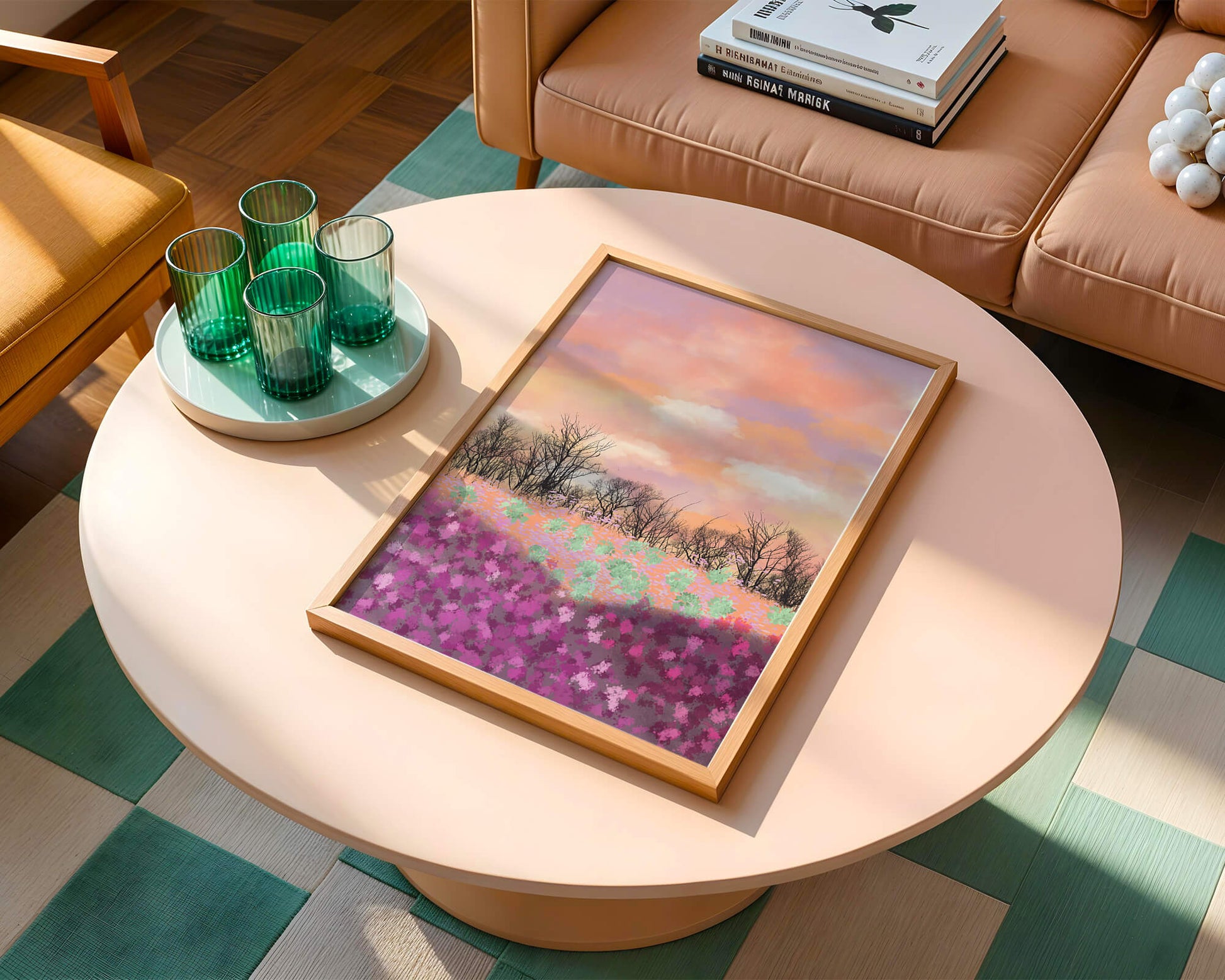 Paisaje sereno con campo floral vibrante y cielo pastel