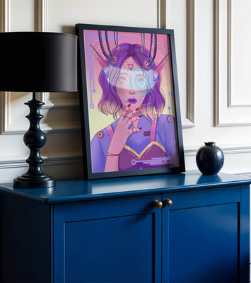 Futuristic digital art featuring a cybernetic woman with a holographic interface
