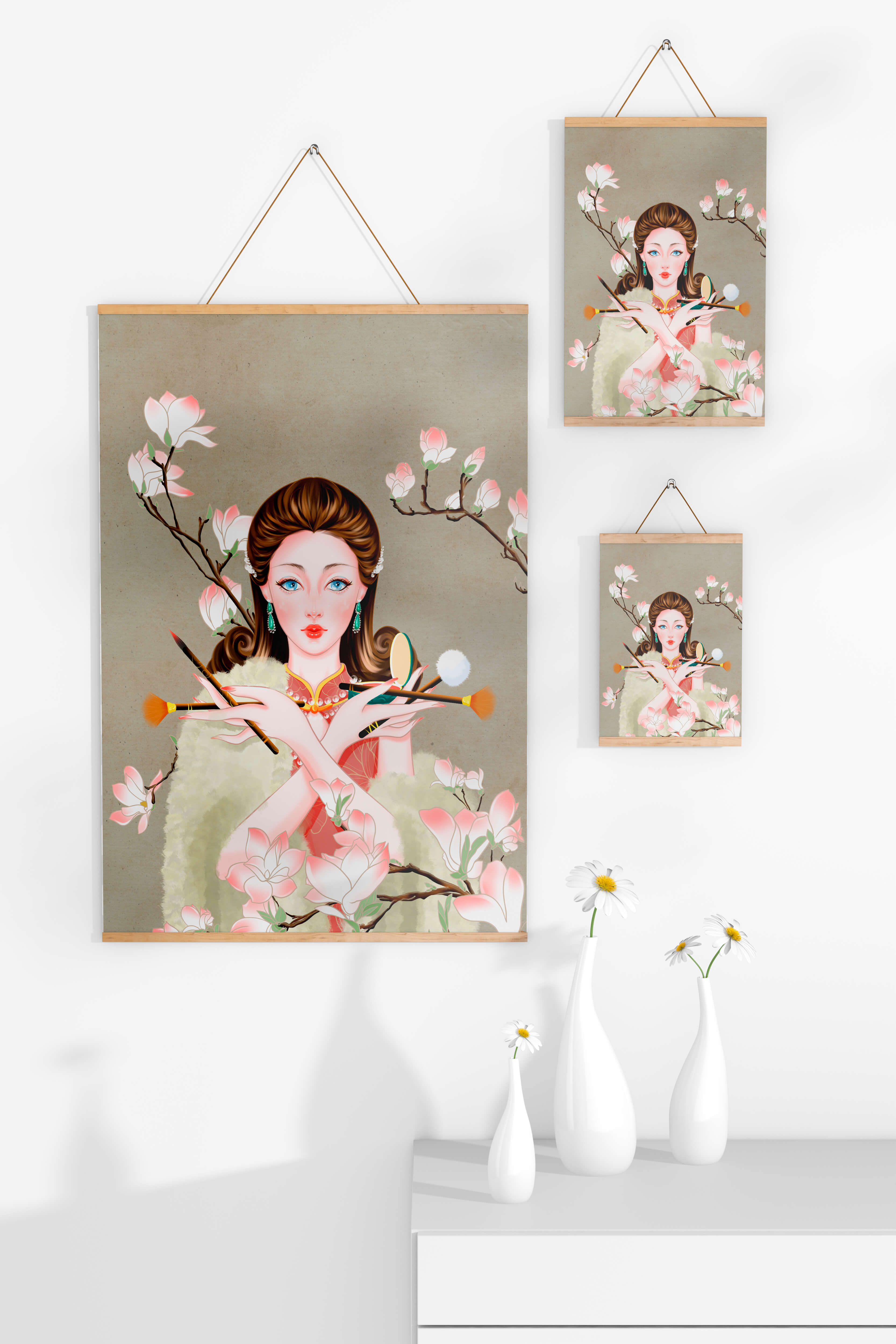 Elegant woman with makeup tools amidst blooming magnolia branches