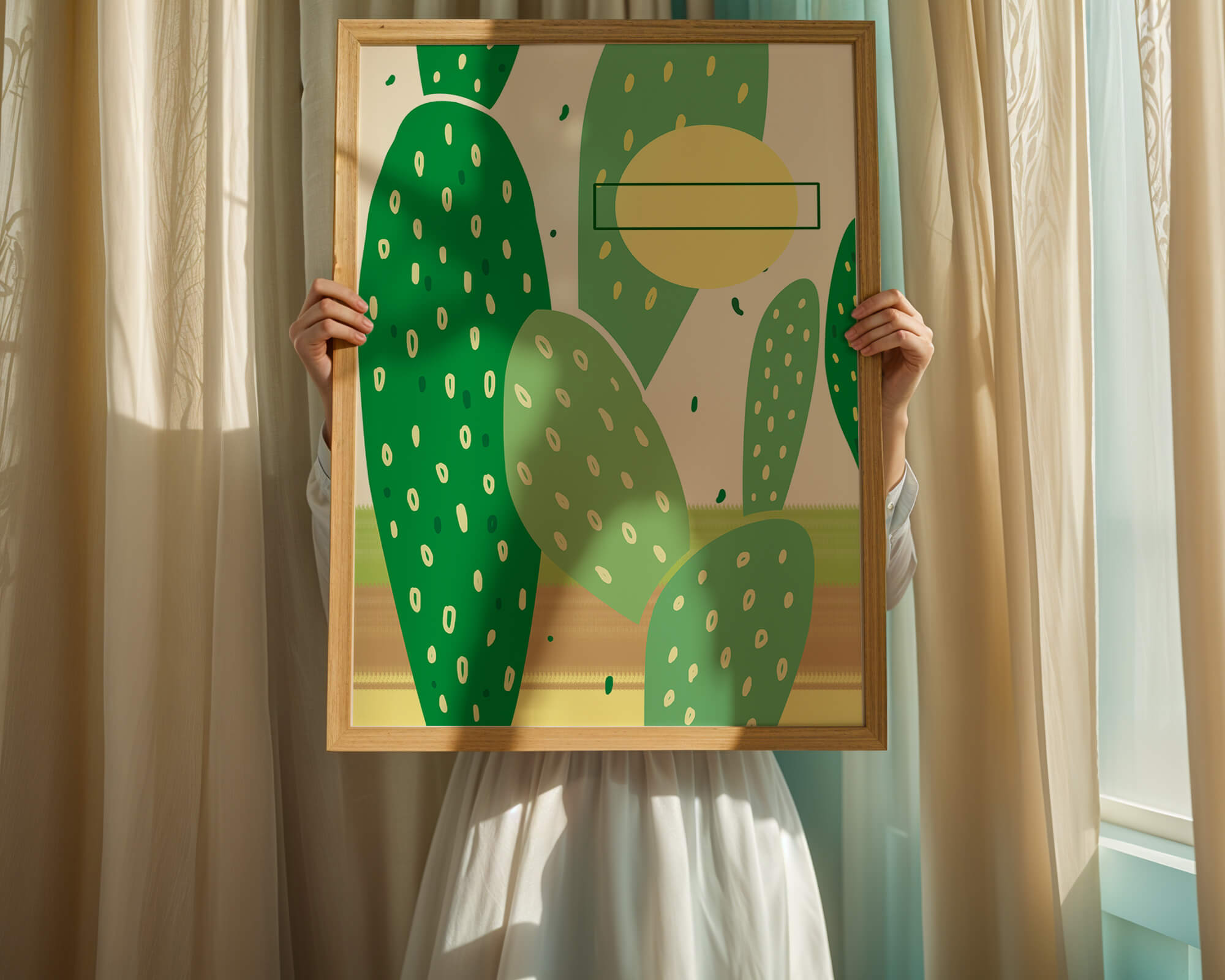 Abstract cactus art with green and yellow elements