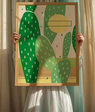 Art abstrait de cactus avec des éléments verts et jaunes
