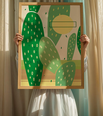 Abstract cactus art with green and yellow elements