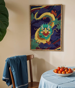 Illustration de dragon coloré avec des nuages ​​et des éléments de feuillage