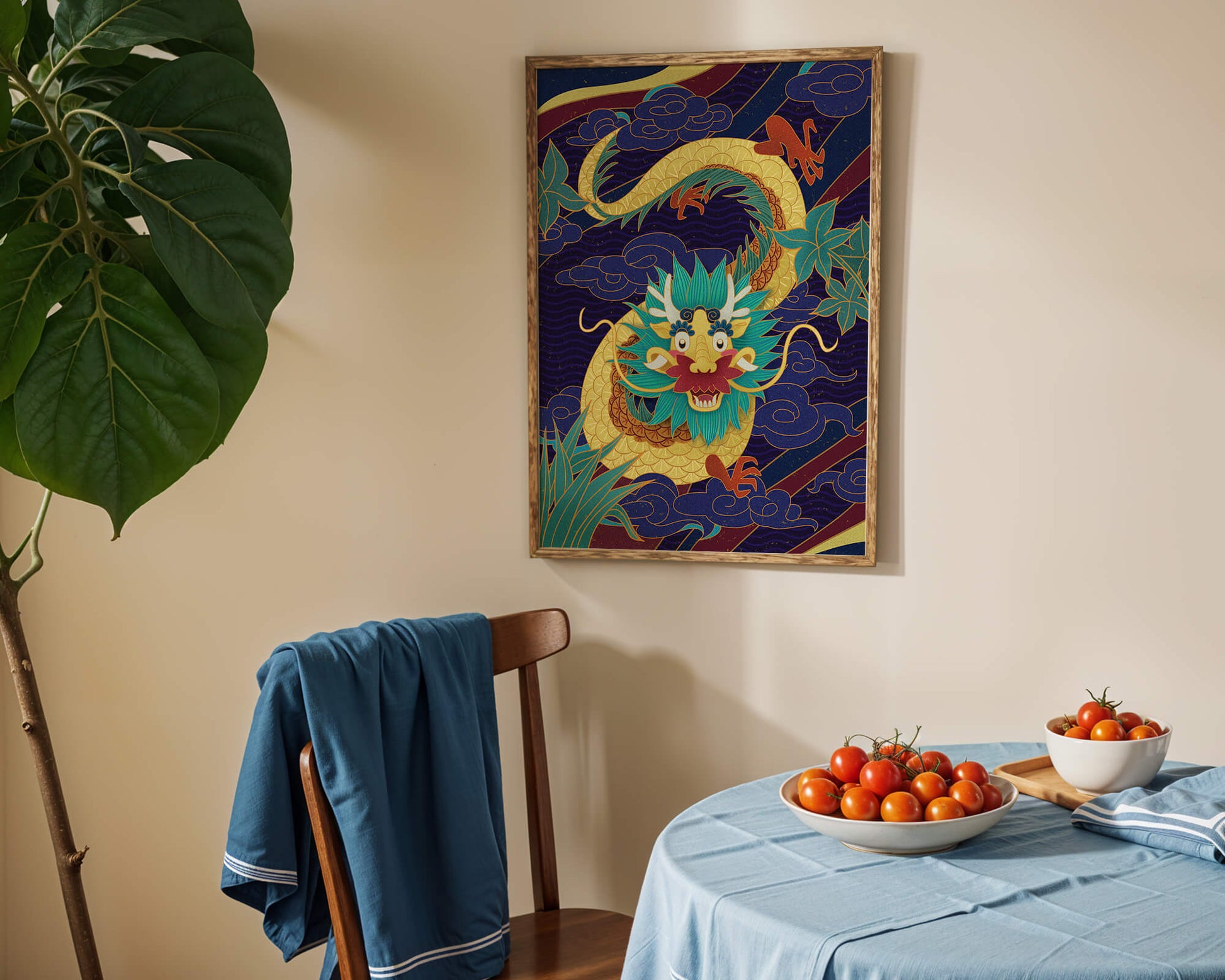 Illustration de dragon coloré avec des nuages ​​et des éléments de feuillage