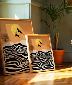 Abstract landscape with jumping deer and golden sun
