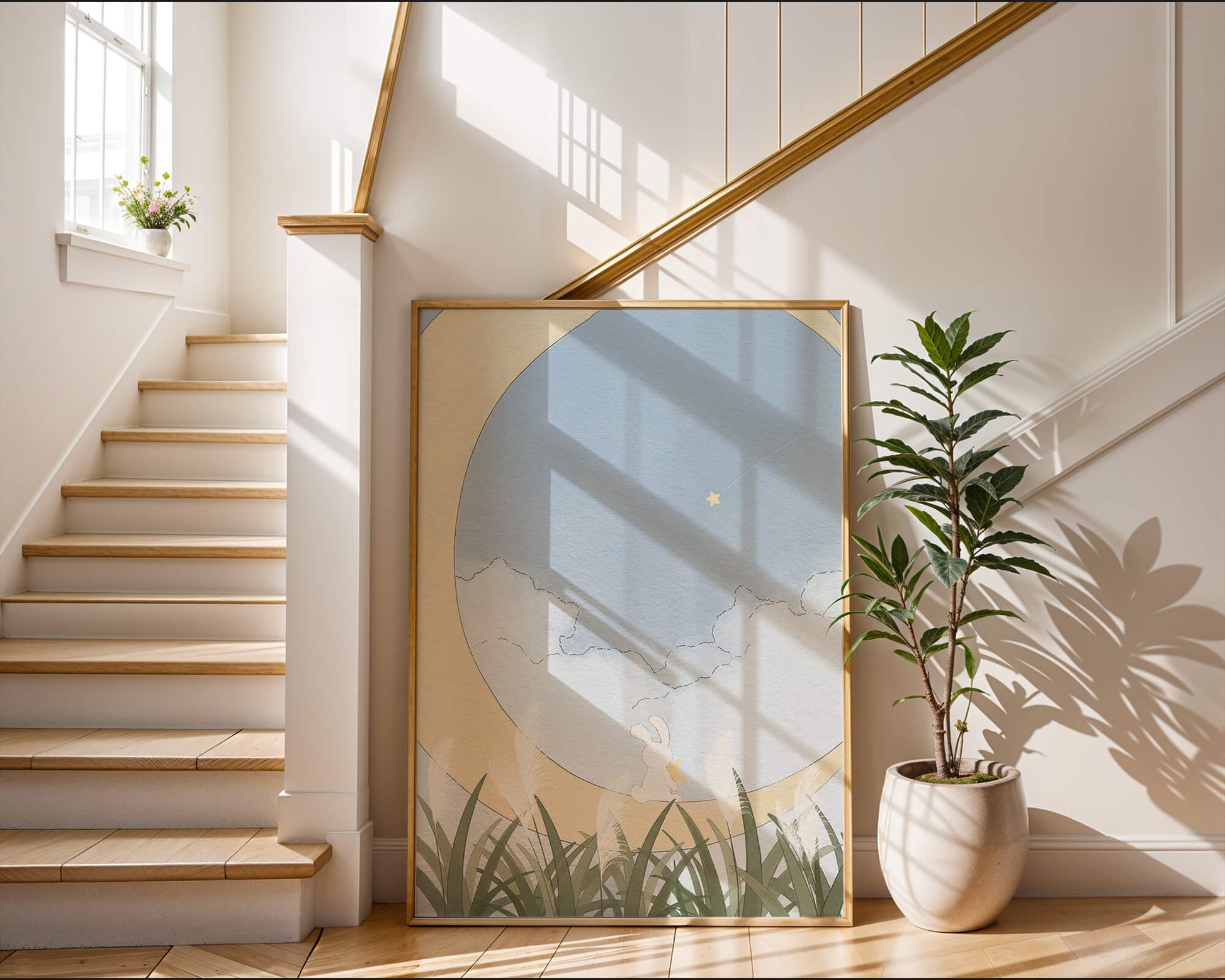 Dreamy Rabbit Sitting on Crescent Moon with Star and Clouds in Sky